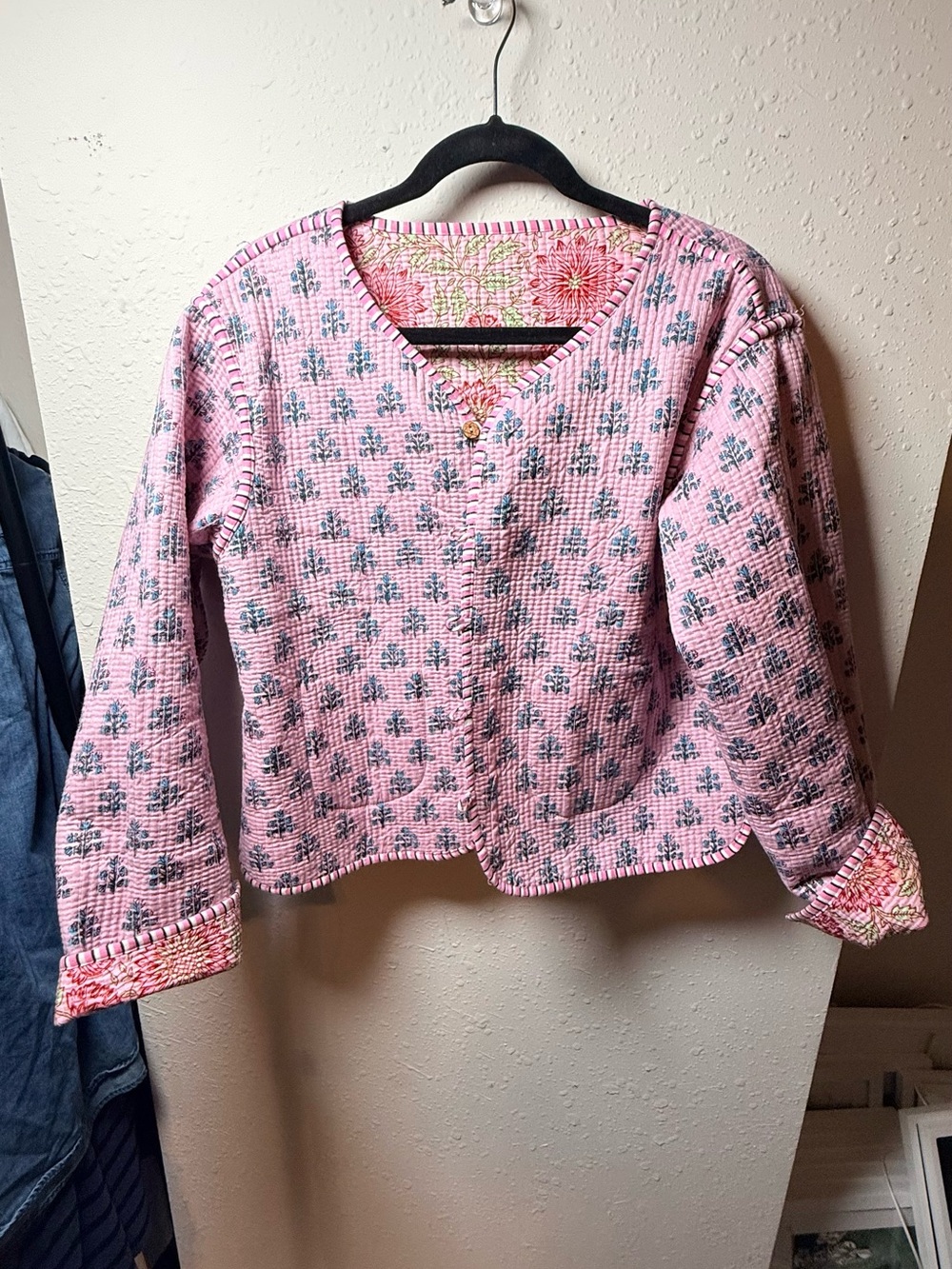 Reversible Quilted Floral Jacket Pink Block Print Cotton Cottagecore croquette - Picture 8 of 14